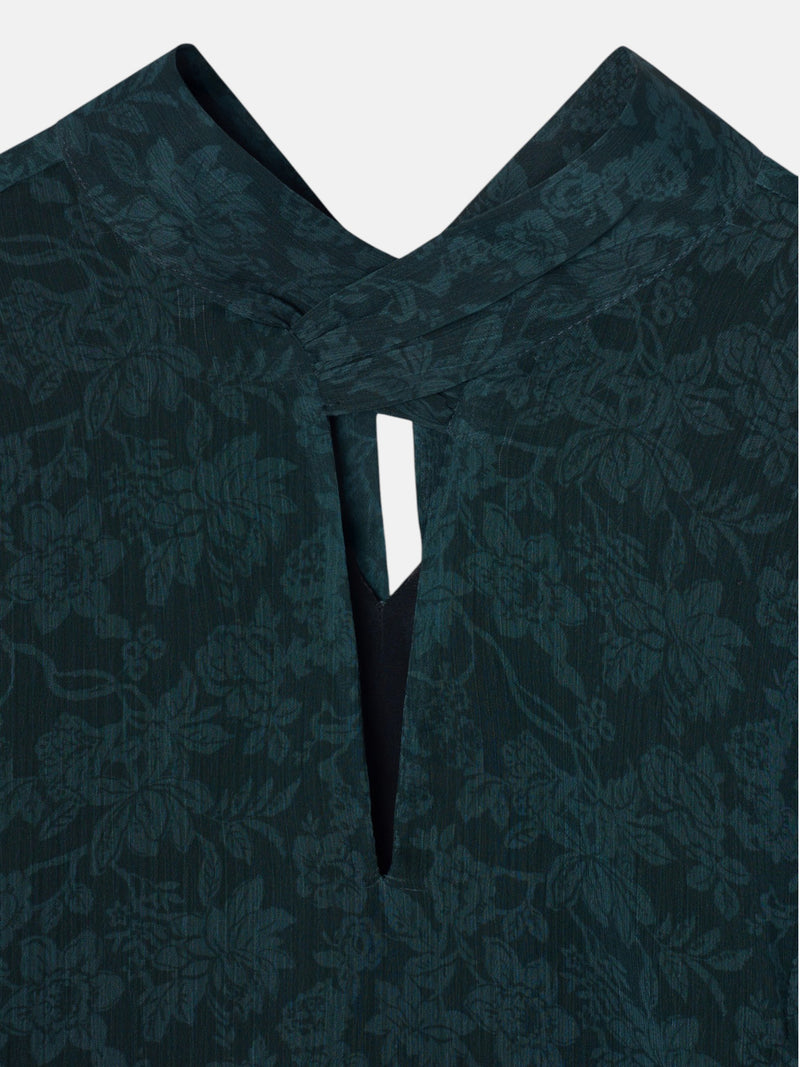 Blouse à bretelles col imprimé fleurs vert