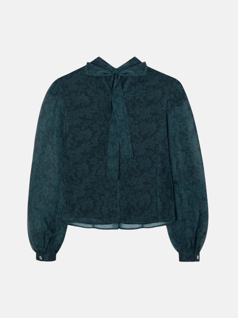 Blouse à bretelles col imprimé fleurs vert