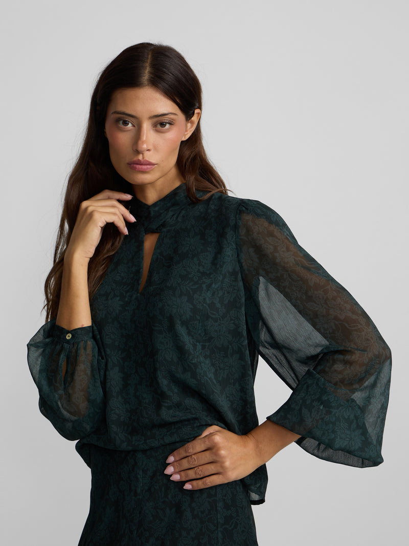 Blouse à bretelles col imprimé fleurs vert