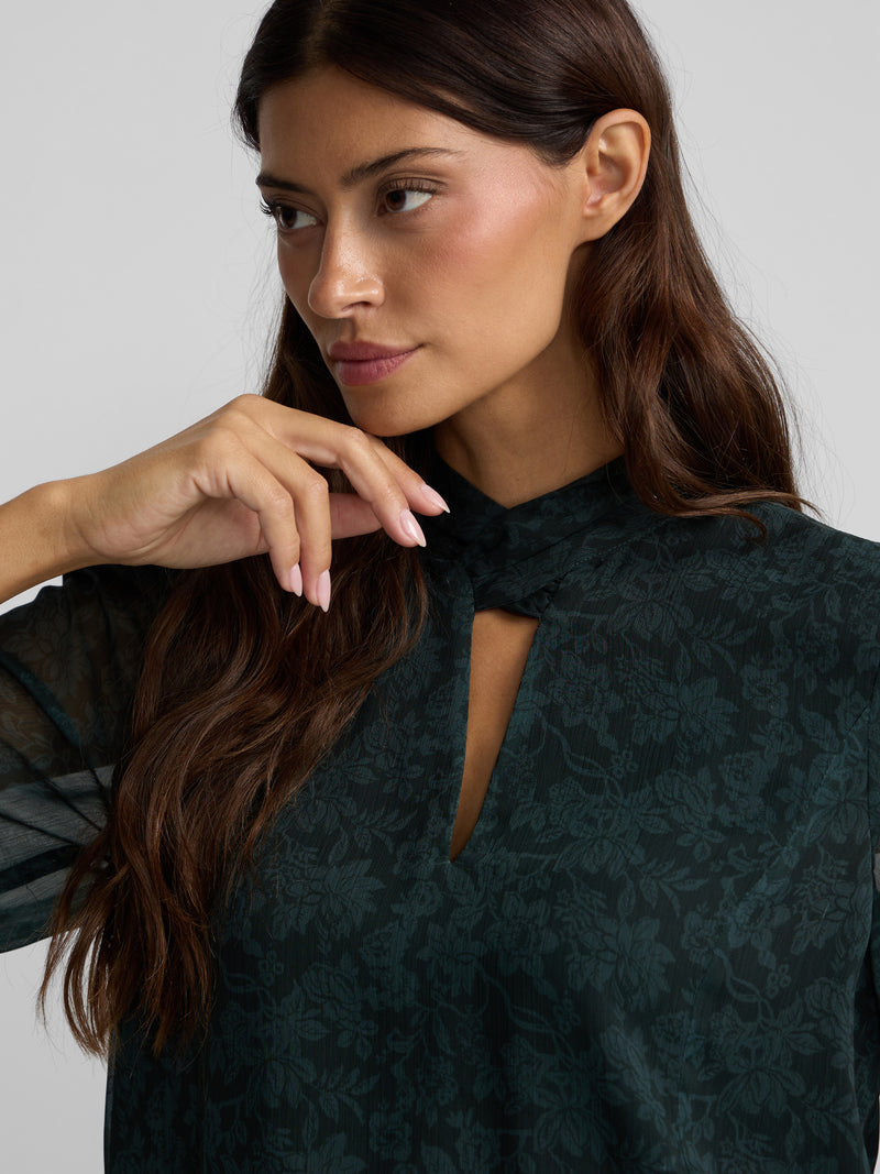 Blouse à bretelles col imprimé fleurs vert