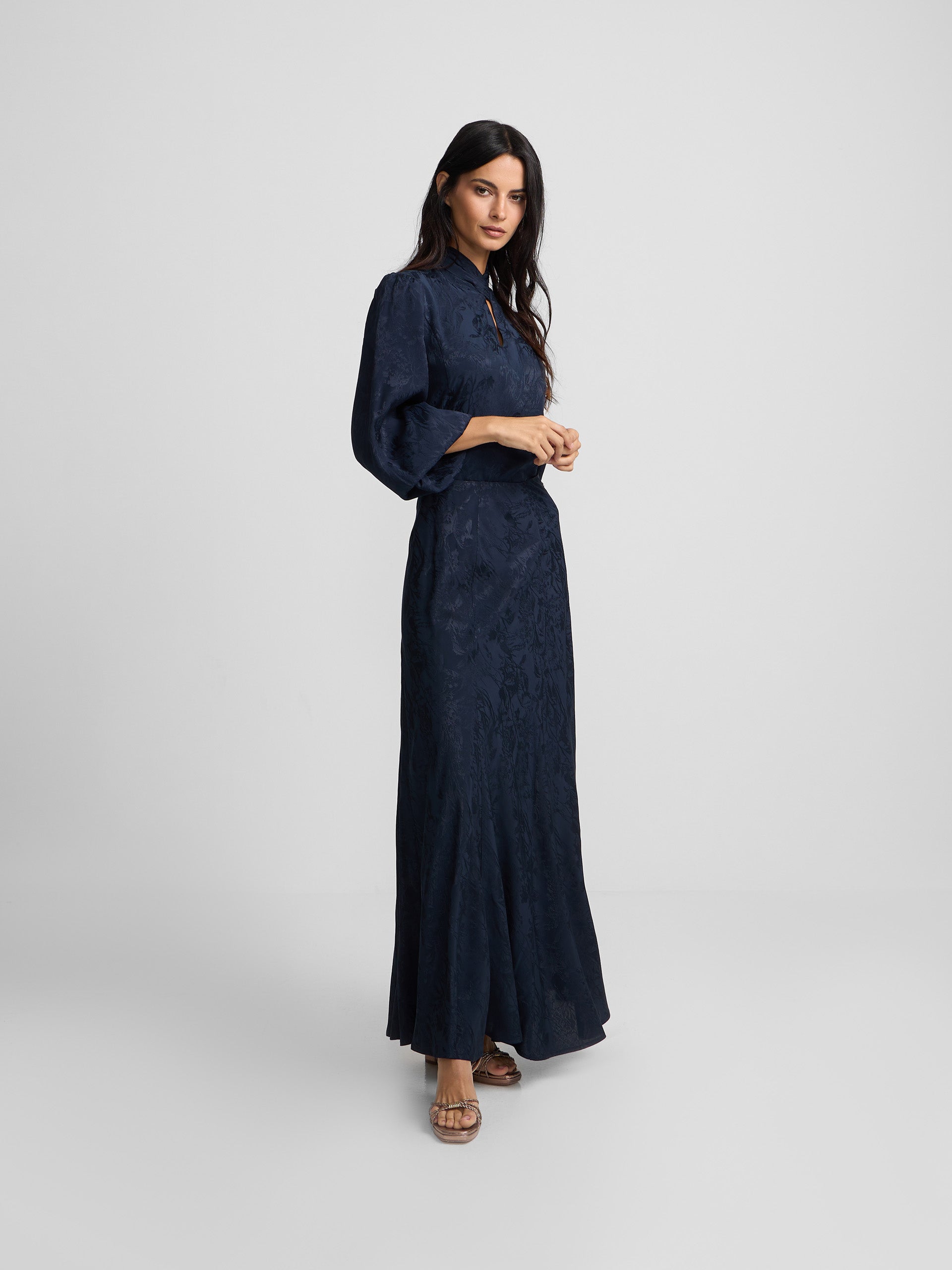 Blue jacquard neck strap blouse