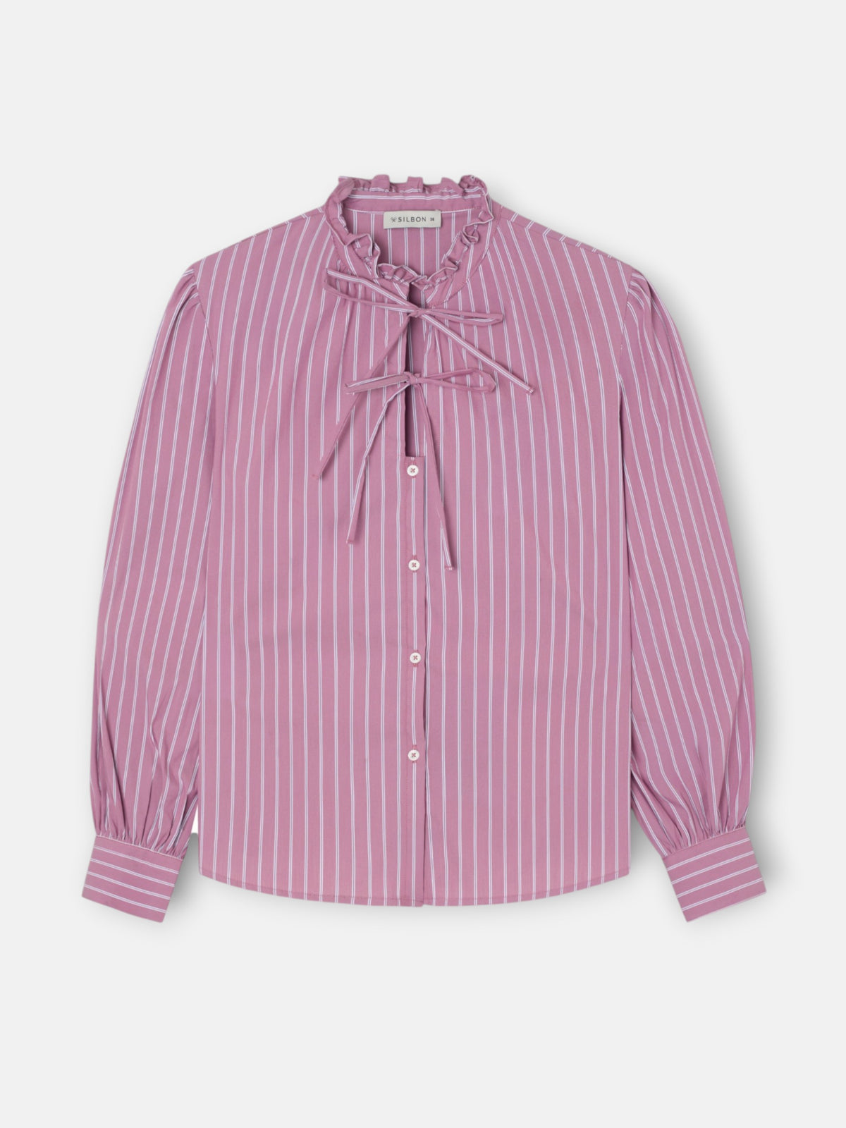 Camisa cuello alto lazos rayas rosa