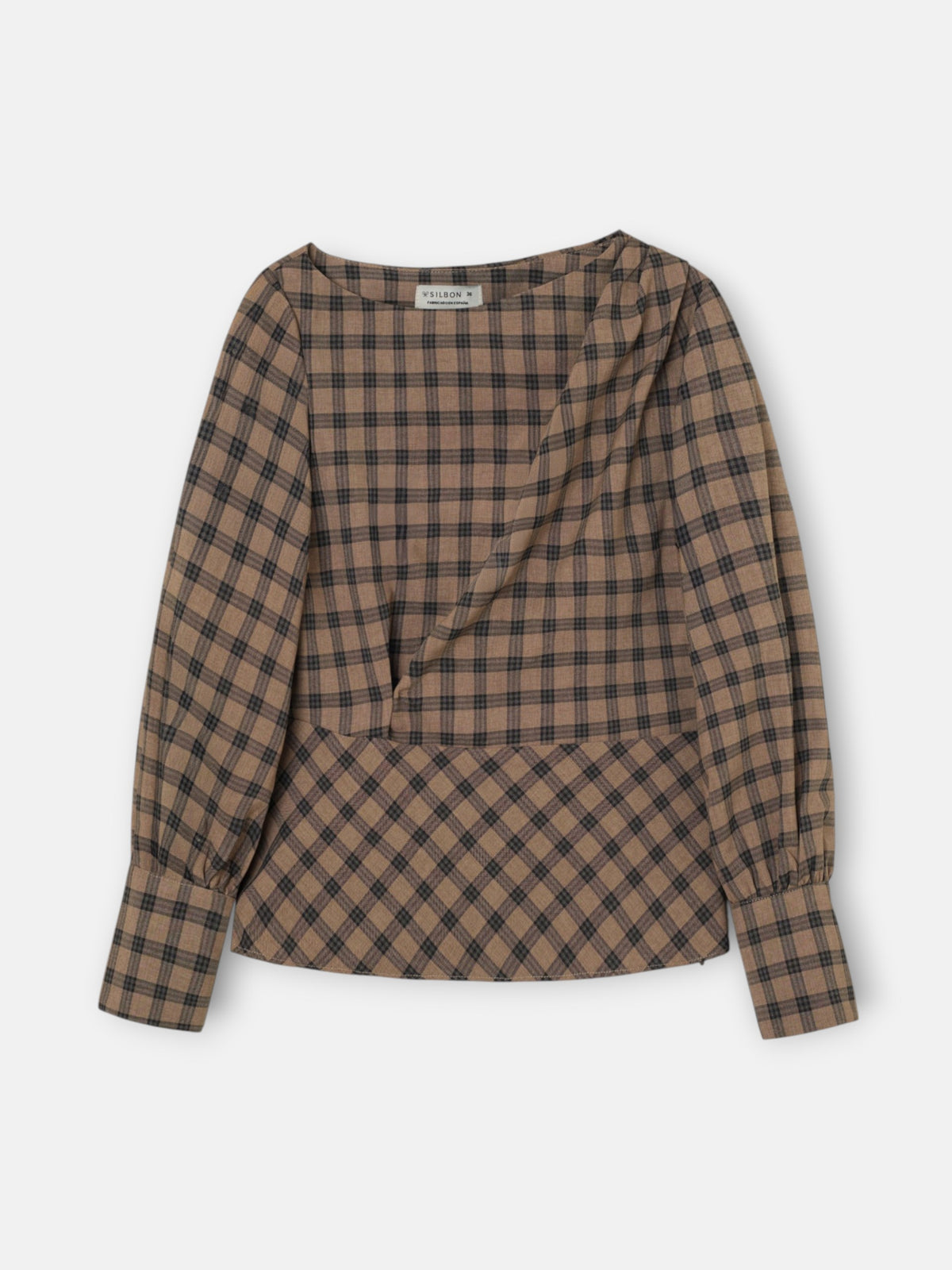 Blusa drapeada cuadros marrones