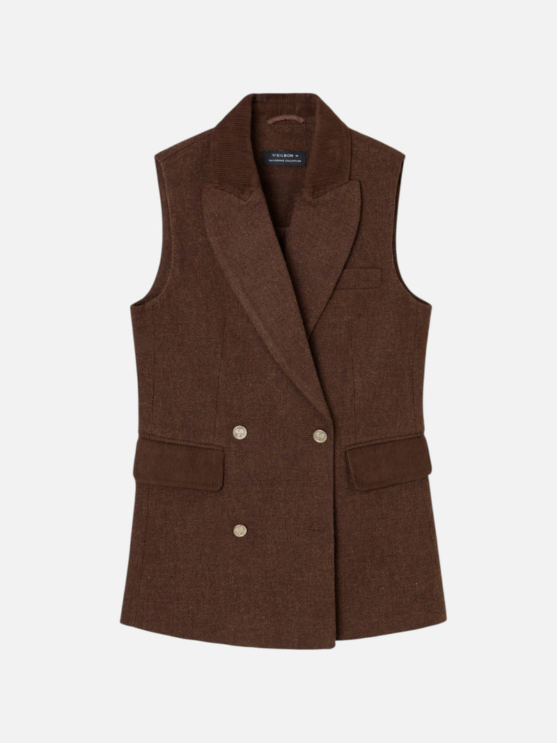 Double-breasted brown twill vest