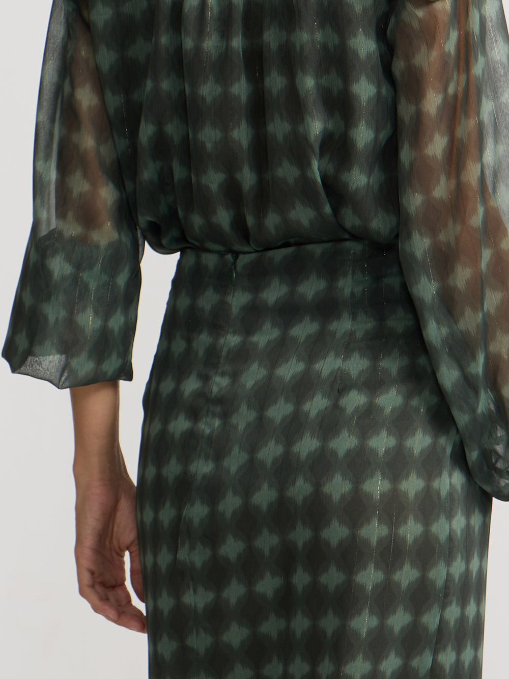 Saia midi com nó estampado étnico verde