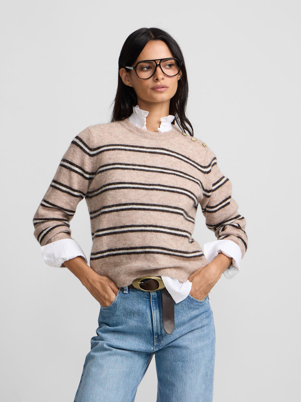 Striped sweater with buttons in ecru