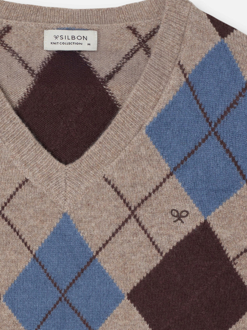 Jersey cuello pico rombos azul y marron