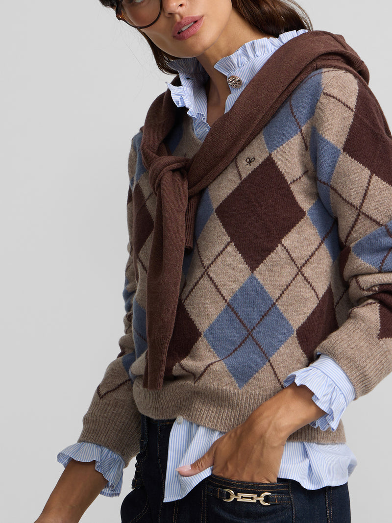 Jersey cuello pico rombos azul y marron