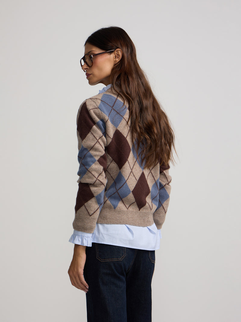 Jersey cuello pico rombos azul y marron