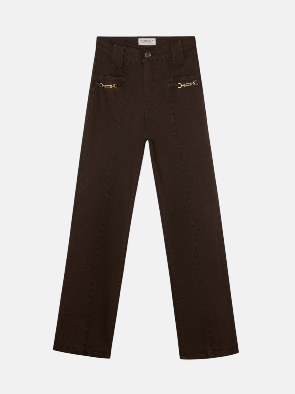 Straight denim trousers with brown buckle detail