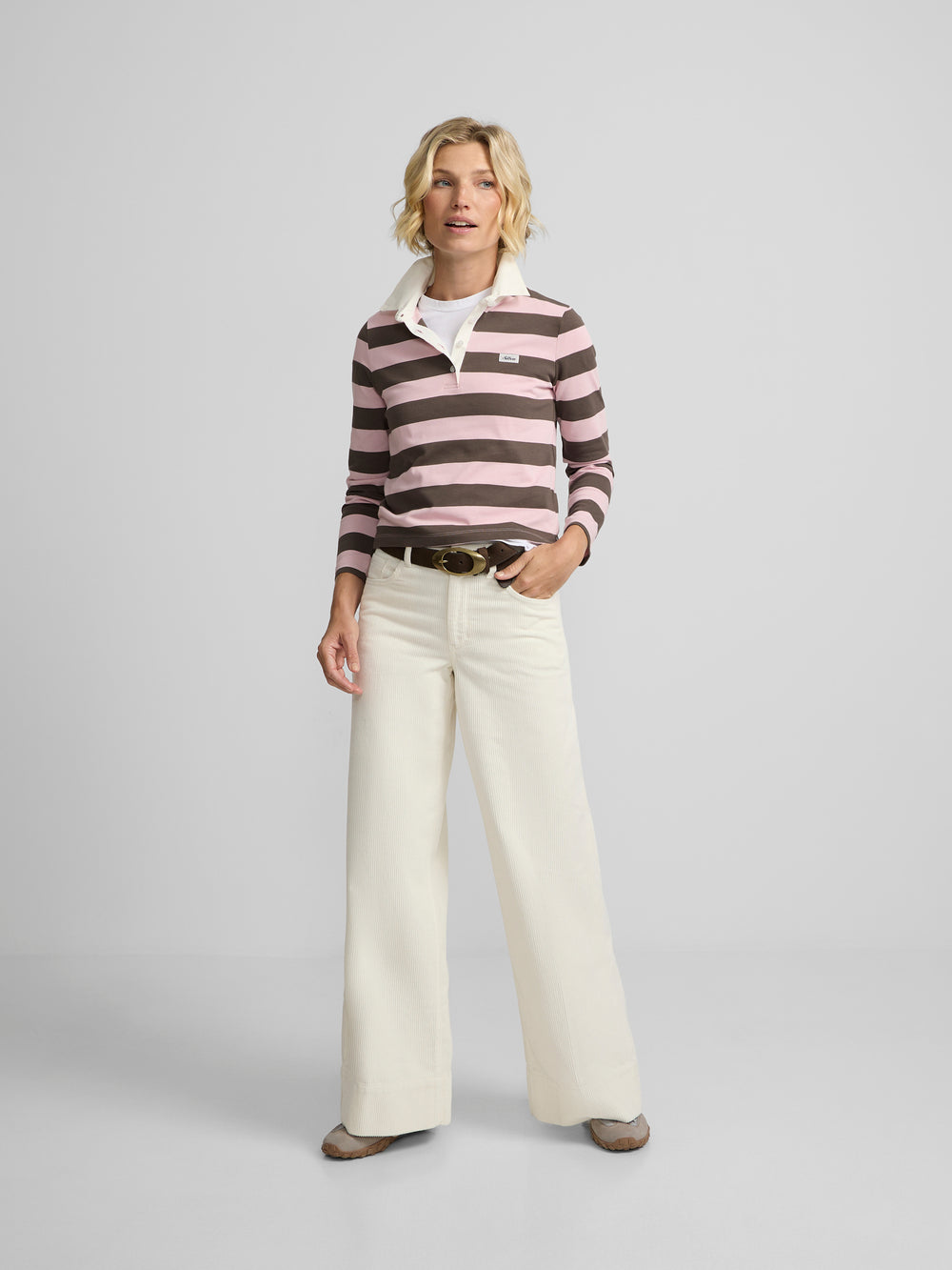Long-sleeve women's polo shirt with pink and brown stripes