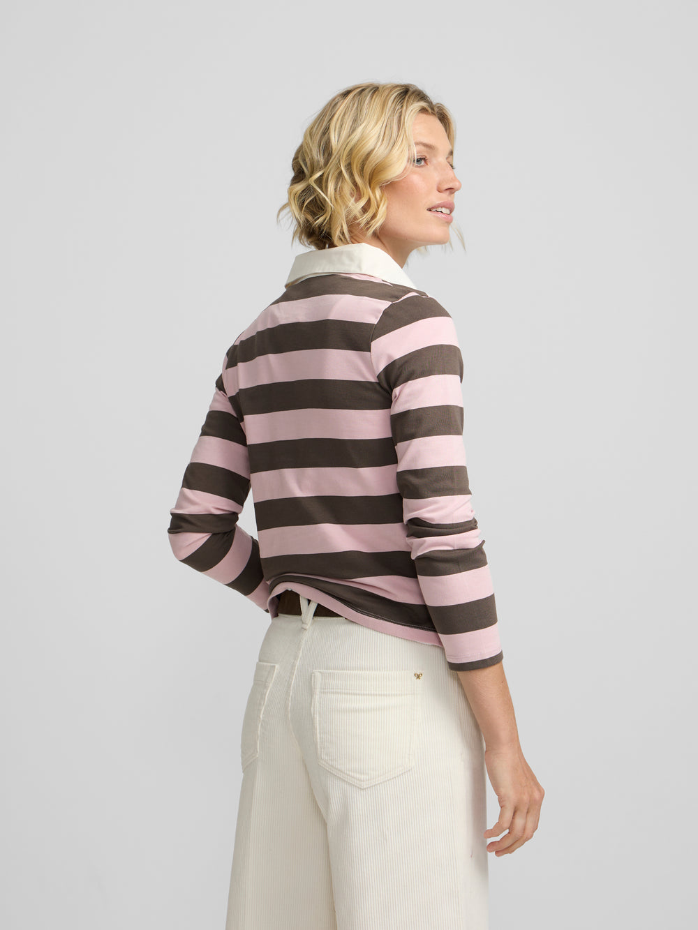 Long-sleeve women's polo shirt with pink and brown stripes