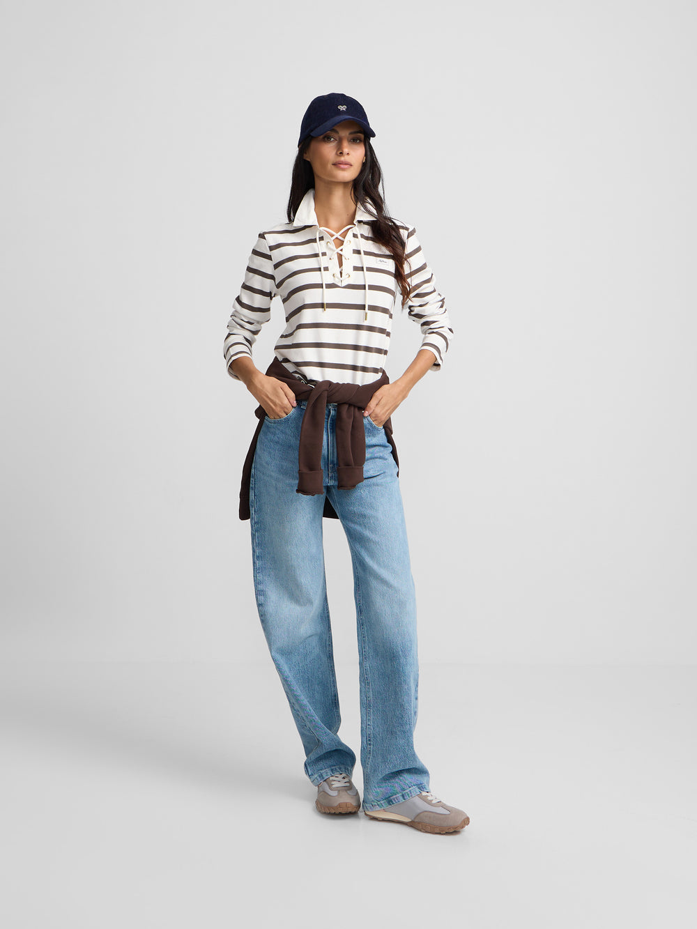 Polo de mulher de manga comprida às riscas cru