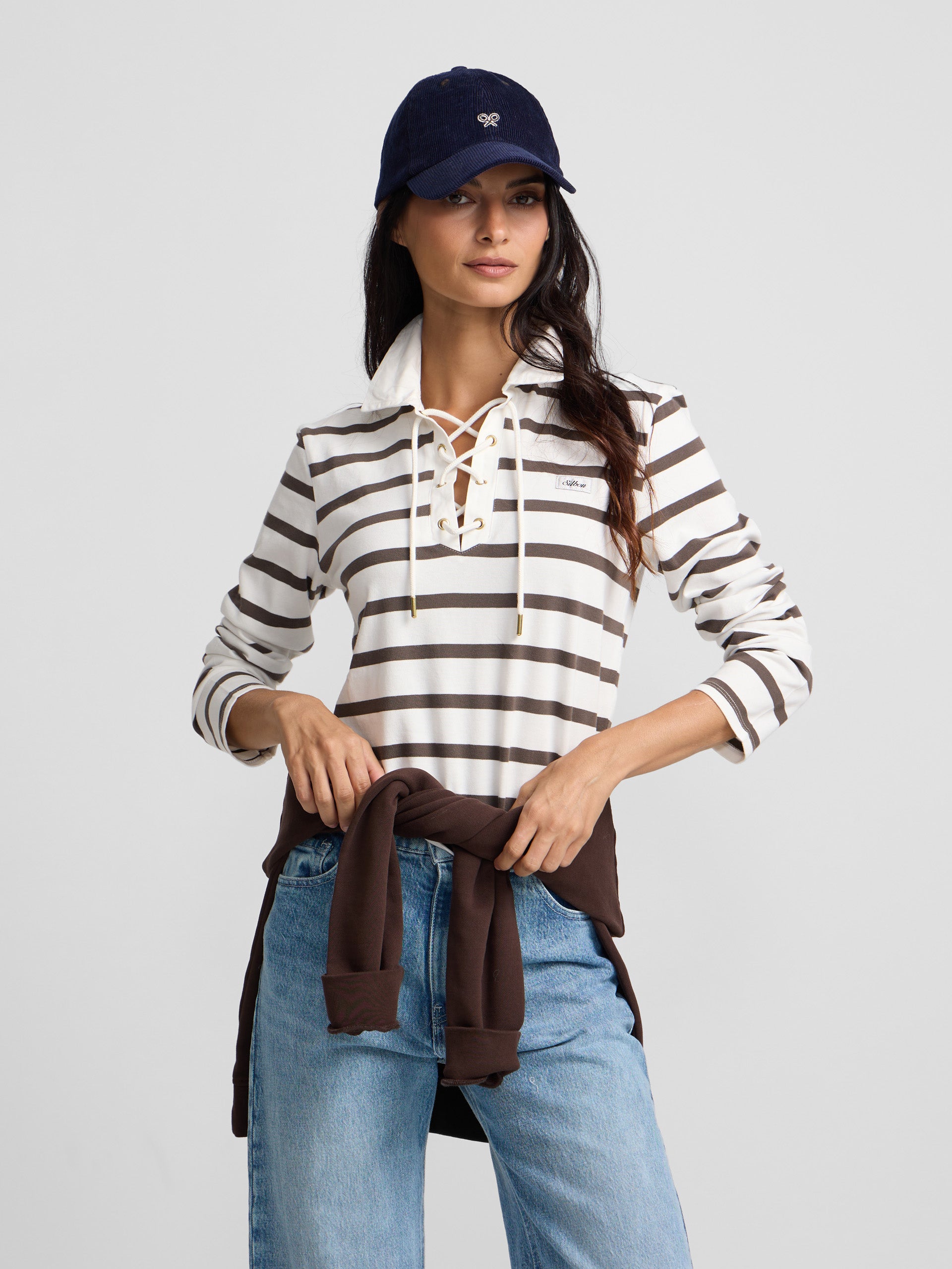 Polo de mulher de manga comprida às riscas cru