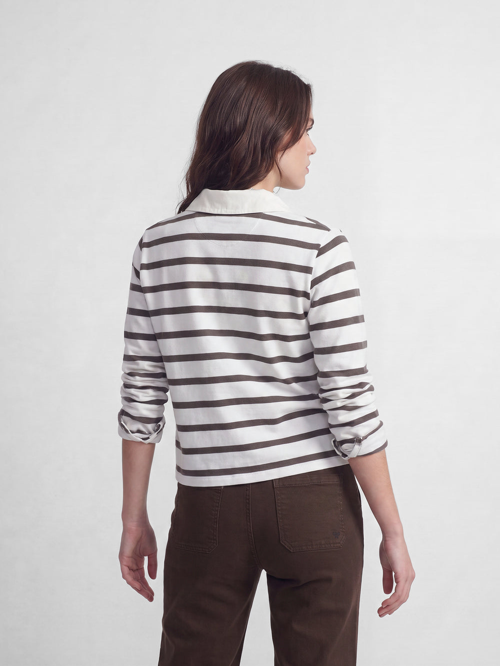 Long-sleeved women's polo shirt with raw stripes