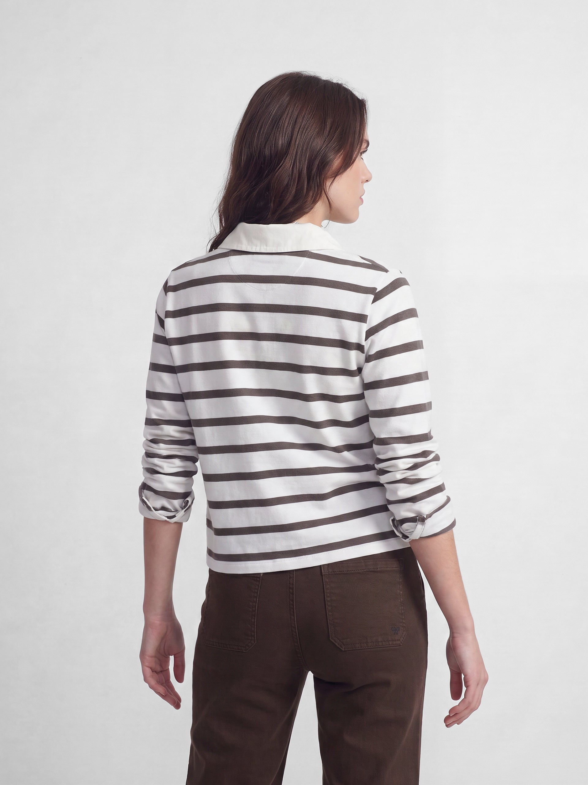Long-sleeved women's polo shirt with raw stripes