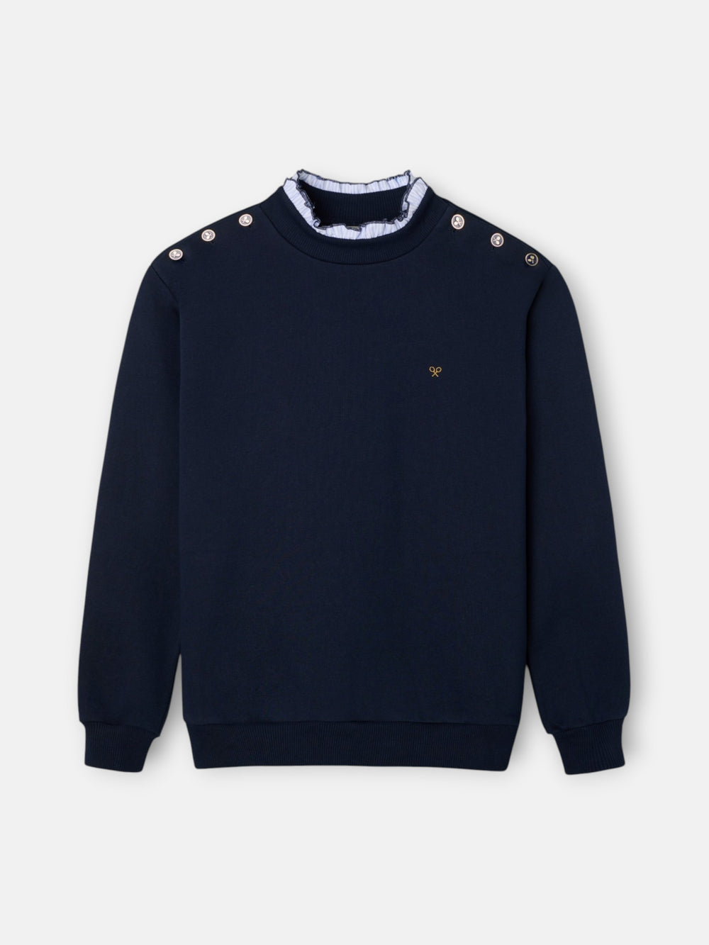 Sweat-shirt femme col volant boutons bleu marine