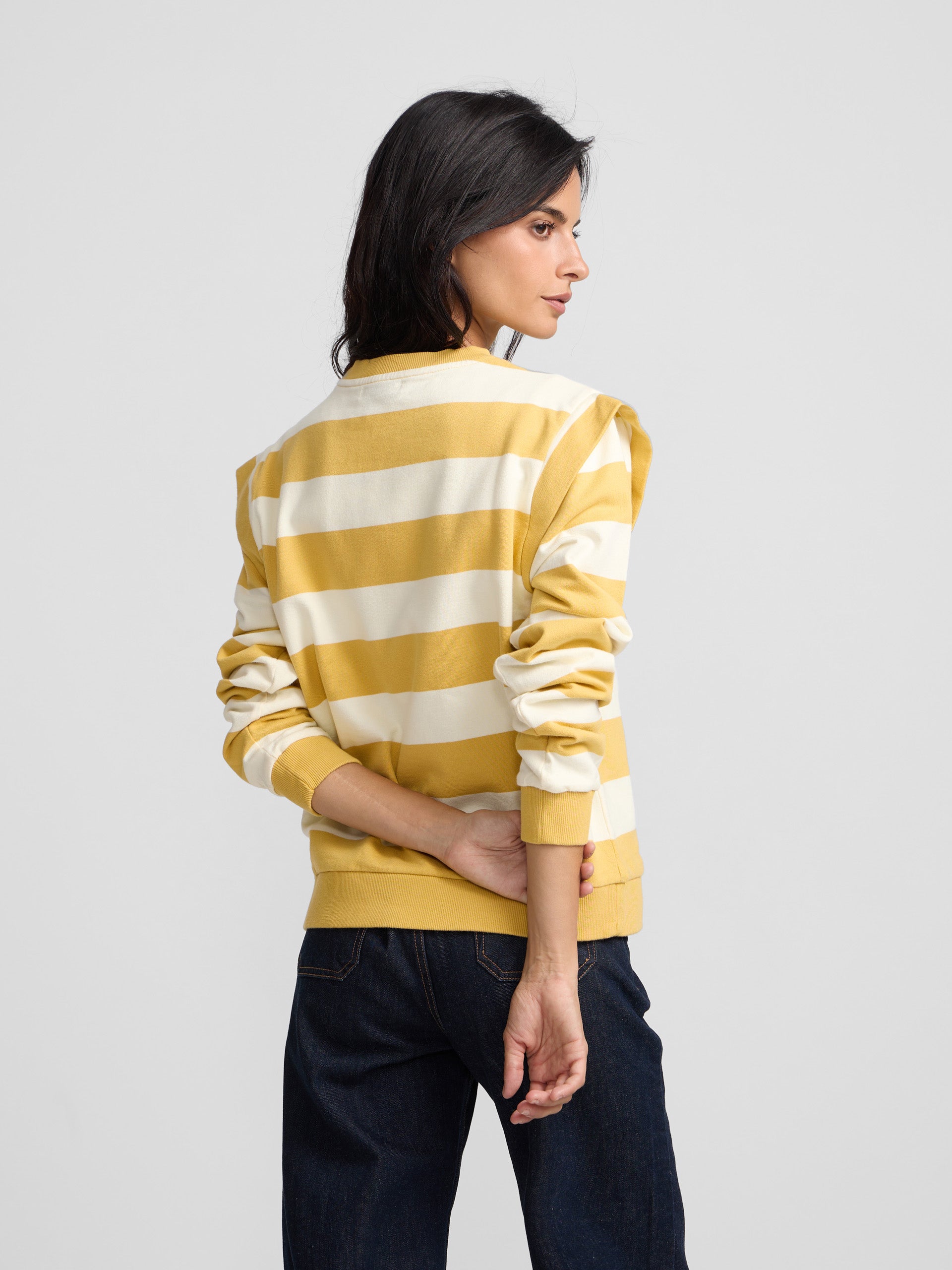 Sweat-shirt à épaulettes rayé moutarde et écru