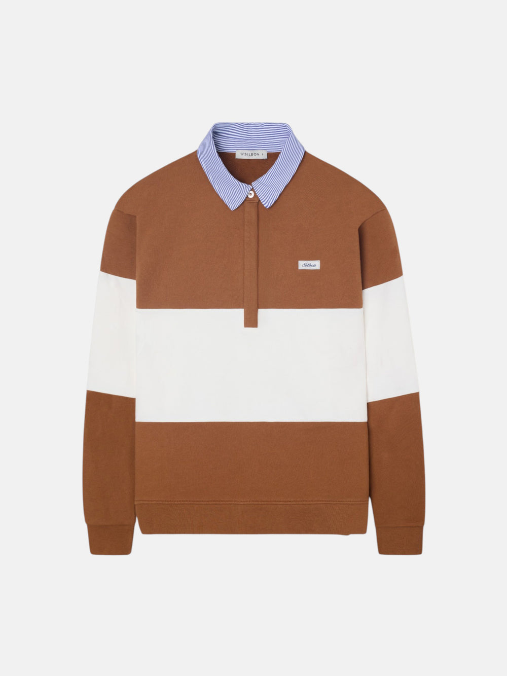 Sweat-shirt femme col polo rayé camel