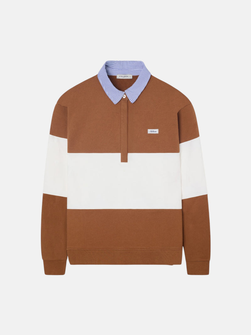 Sudadera woman cuello polo rayas camel