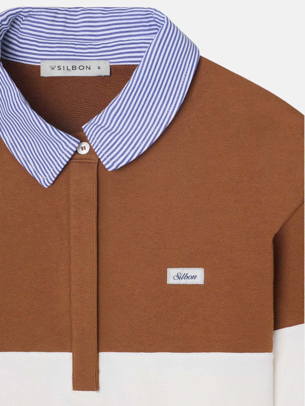 Sweat-shirt femme col polo rayé camel