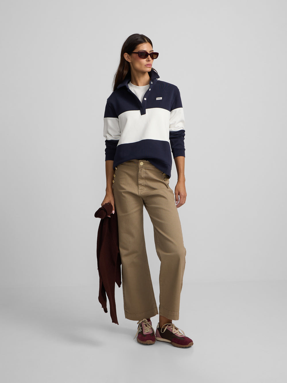 Sweat-shirt femme col polo rayé bleu marine