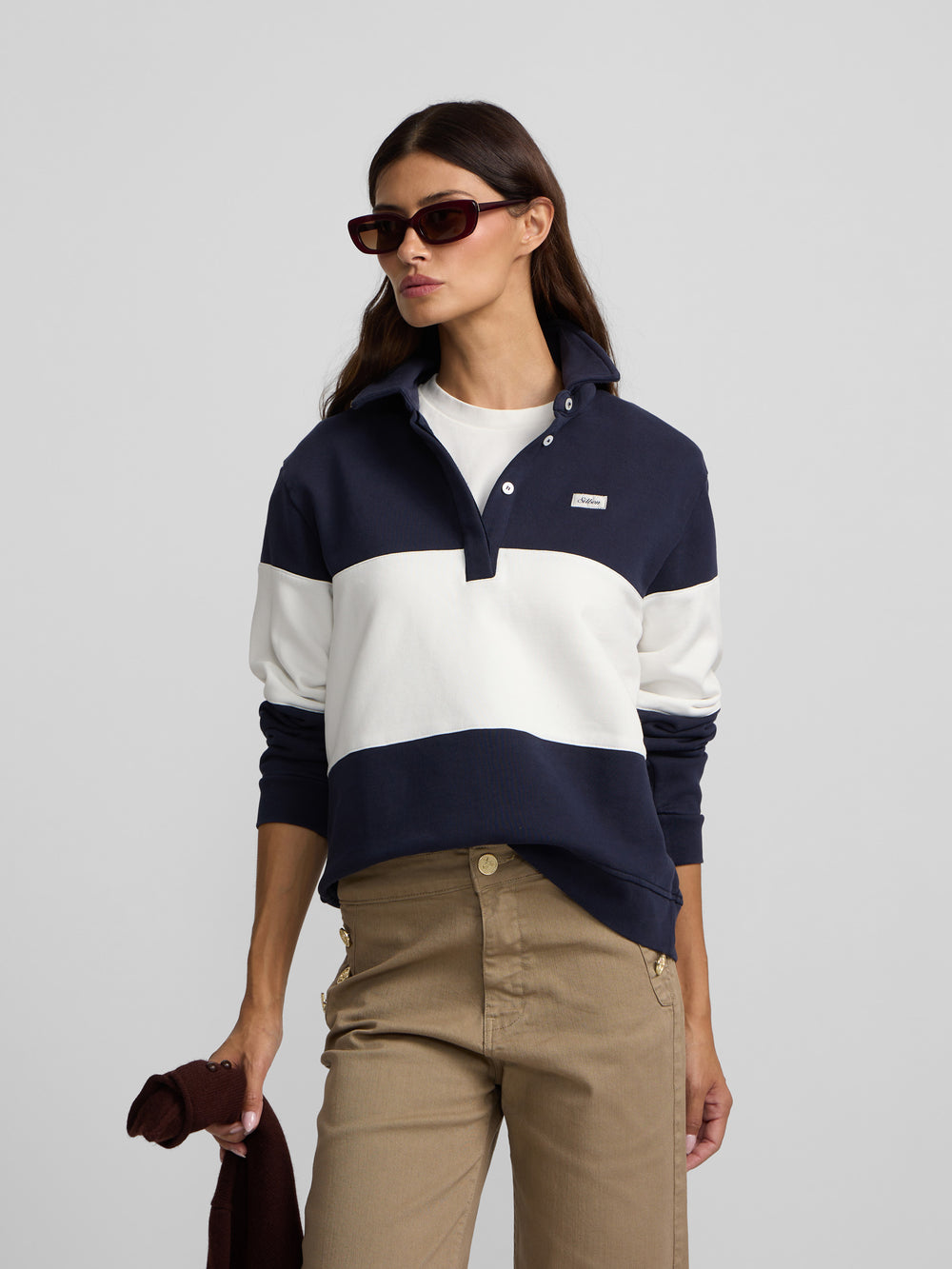 Sweat-shirt femme col polo rayé bleu marine