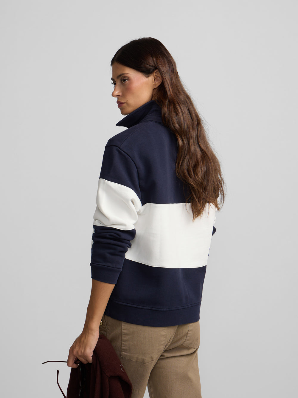 Sweat-shirt femme col polo rayé bleu marine