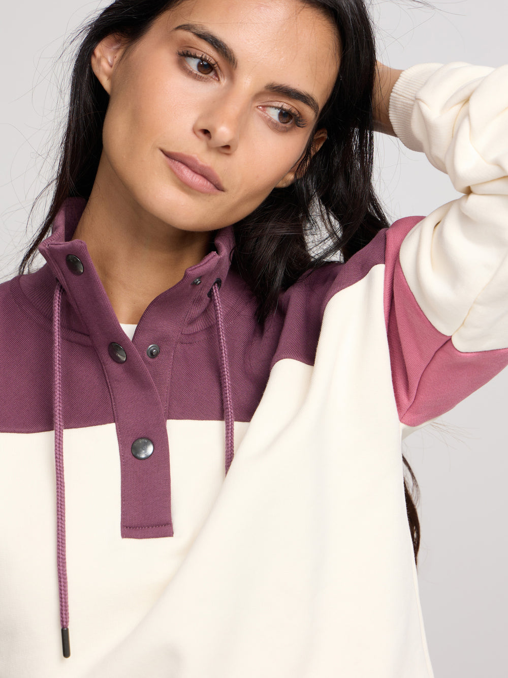 Sweat-shirt femme tricolore col à boutons rose et écru