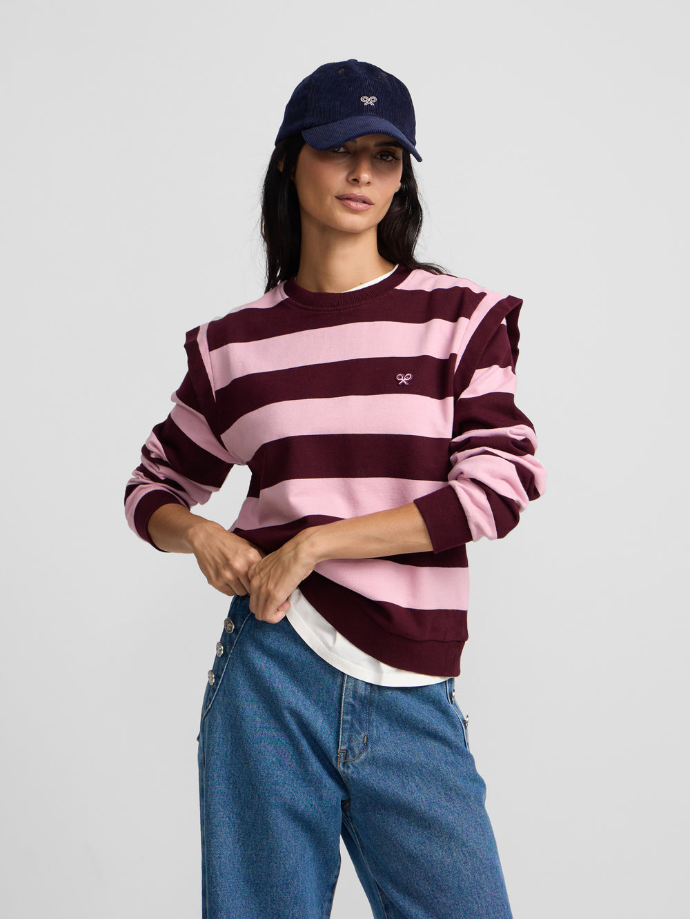 Sweat-shirt à épaulettes rayé rose et bordeaux