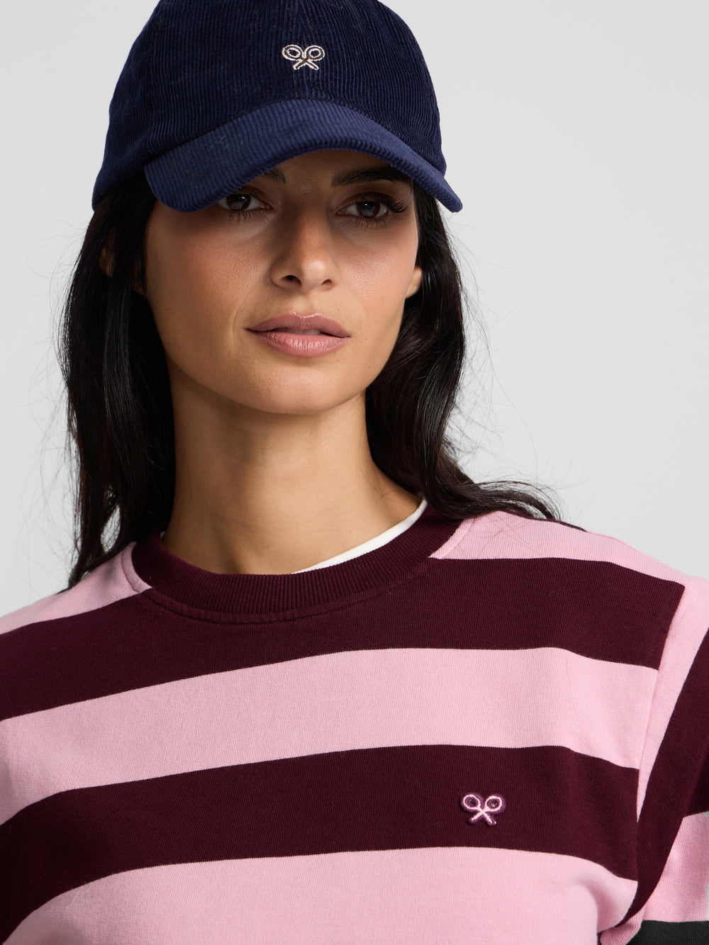 Sweat-shirt à épaulettes rayé rose et bordeaux