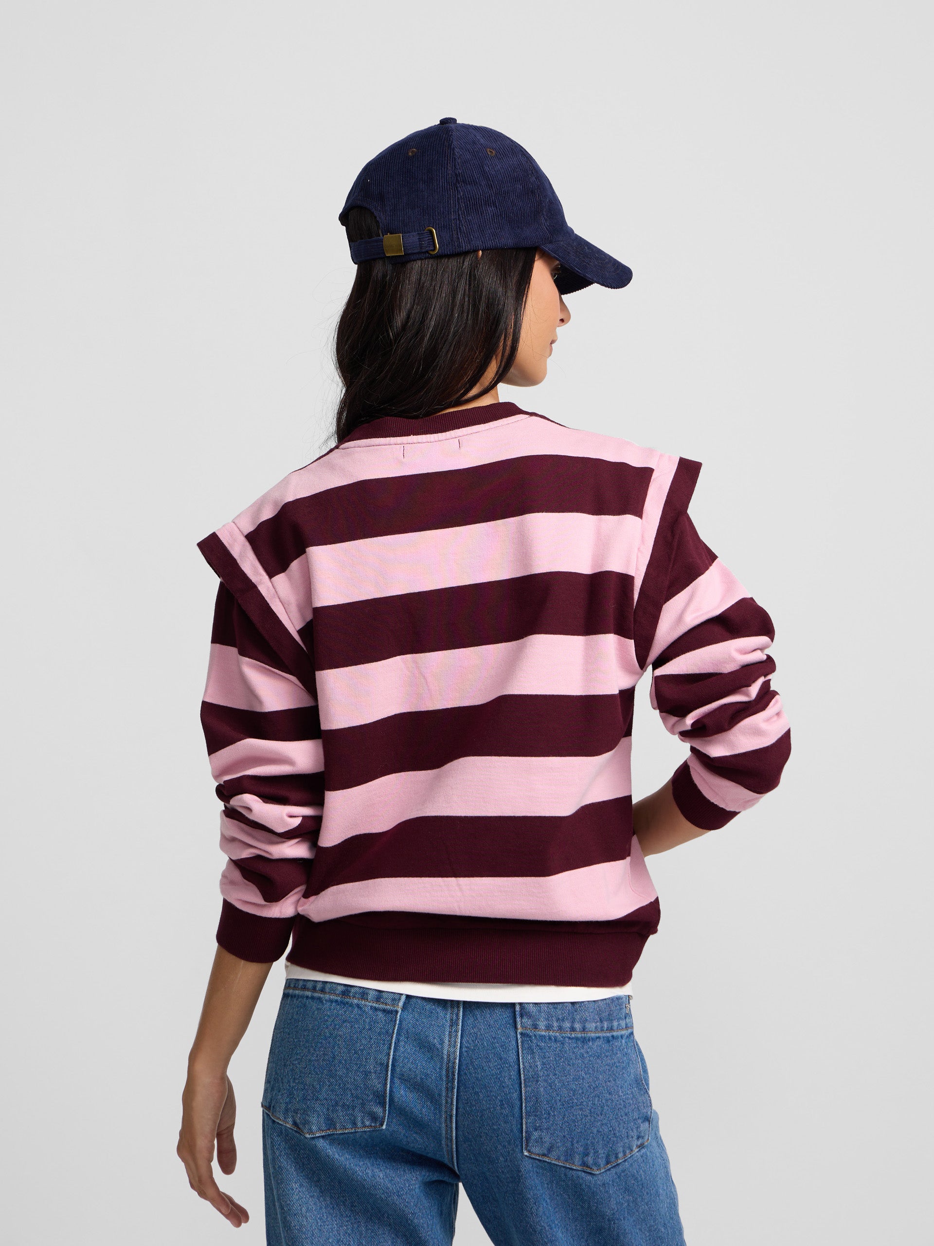 Sweat-shirt à épaulettes rayé rose et bordeaux