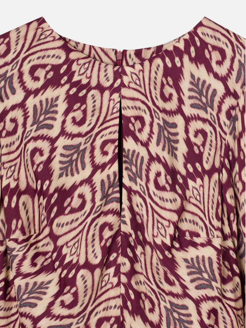 Long draped dress with garnet ikat print