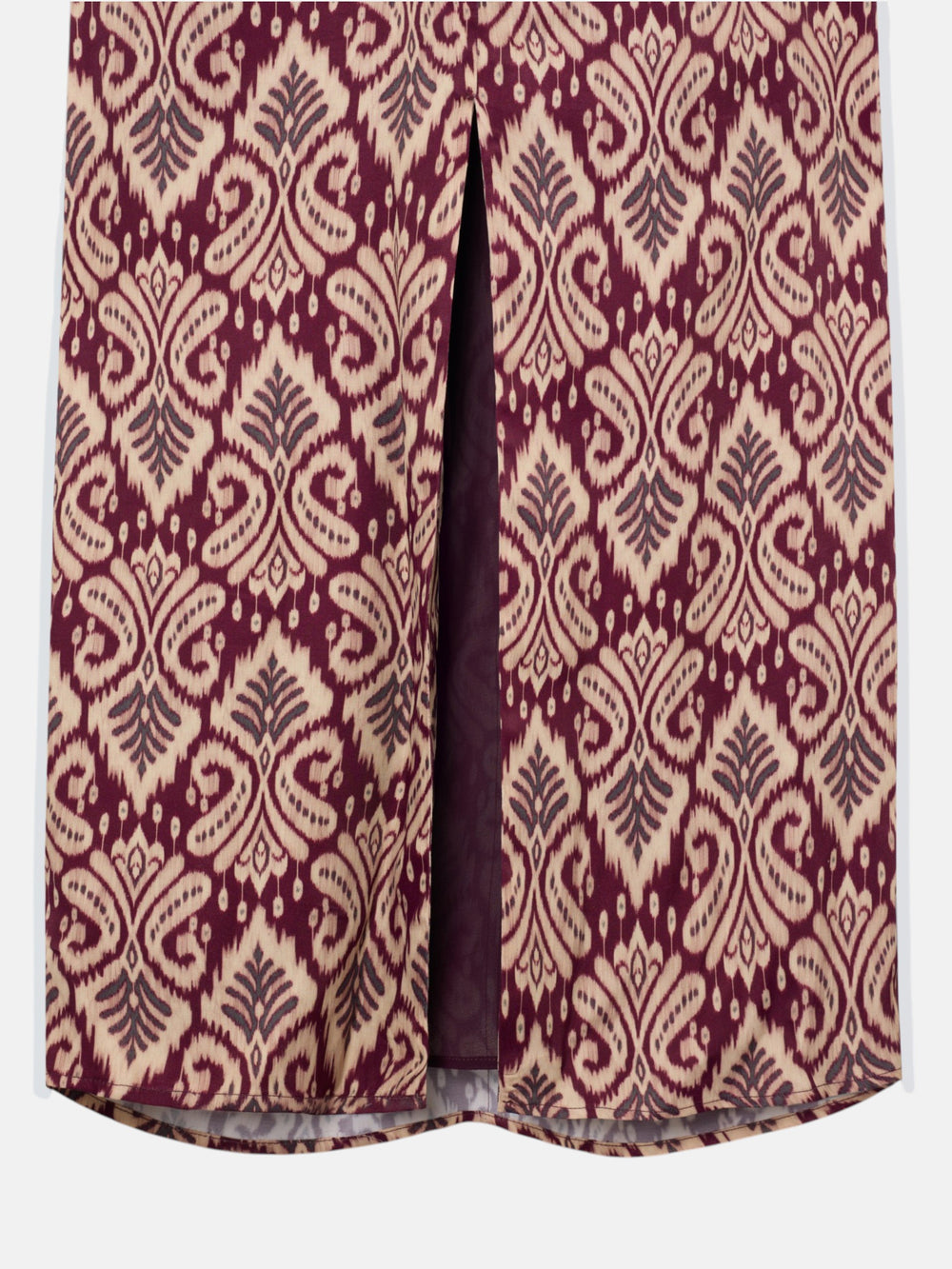 Long draped dress with garnet ikat print