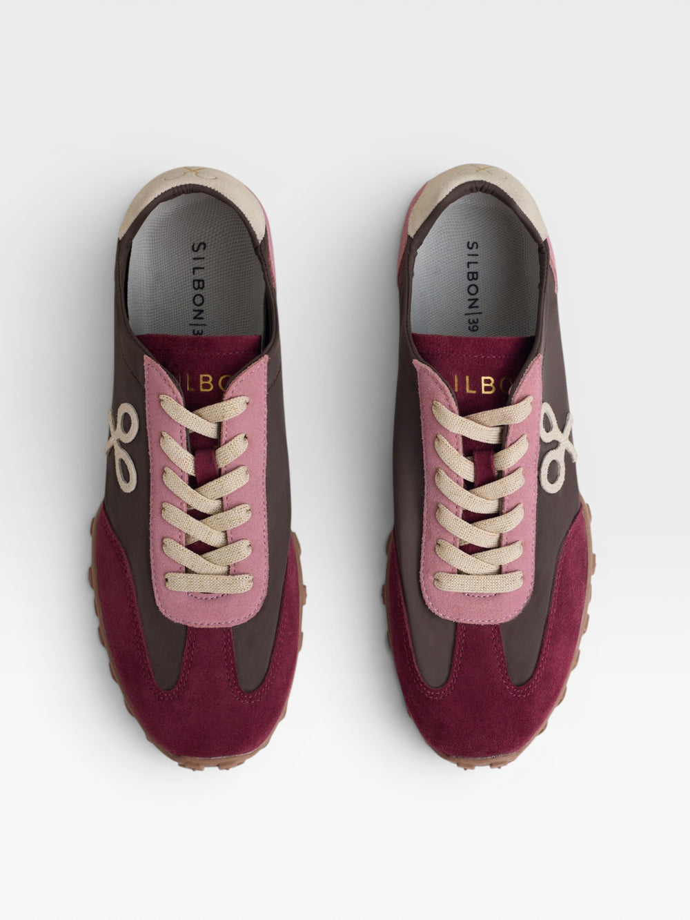 Tricolor sneakers with brown and burgundy rackets