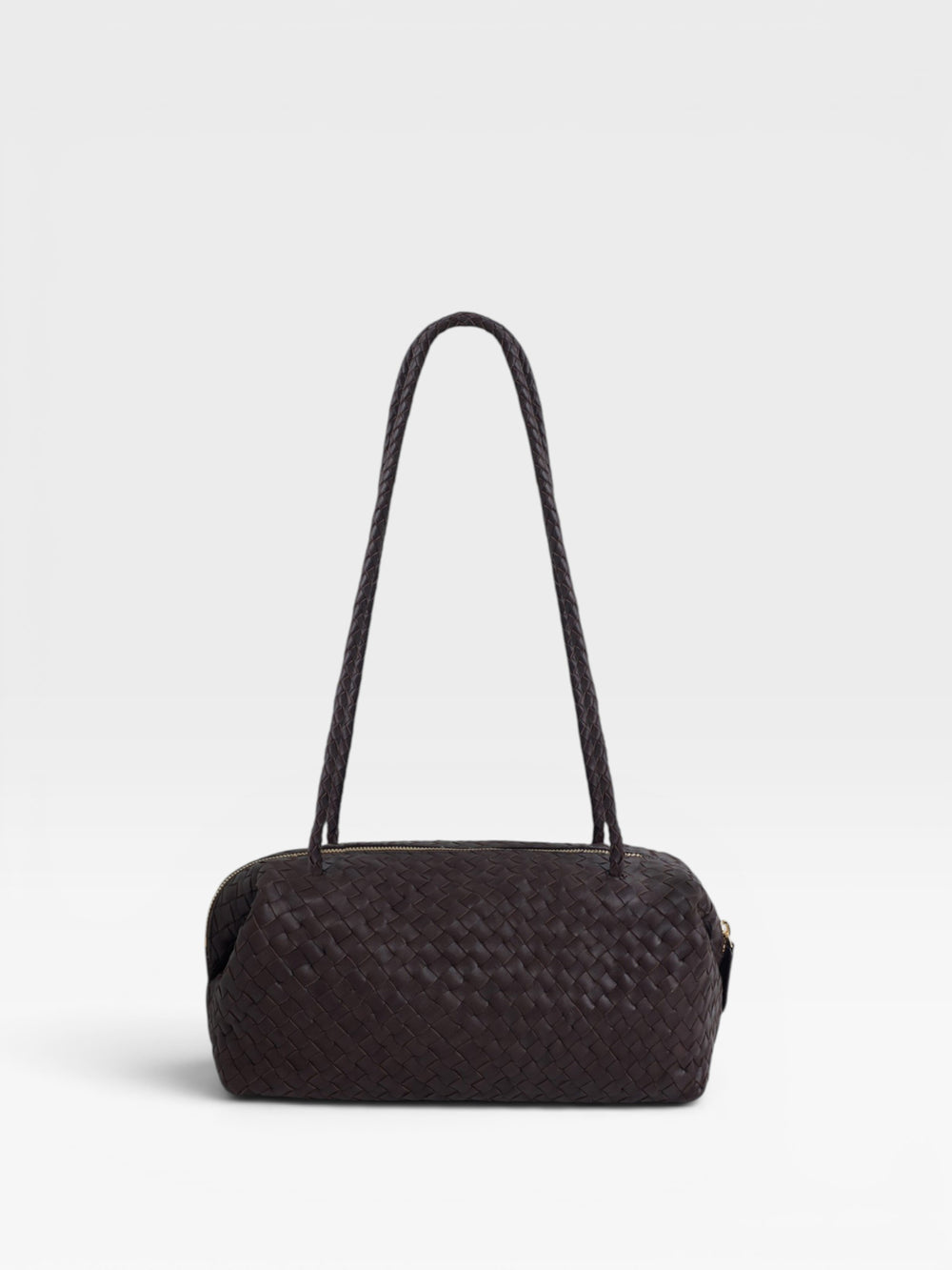 Elongated braided brown leather shoulder bag