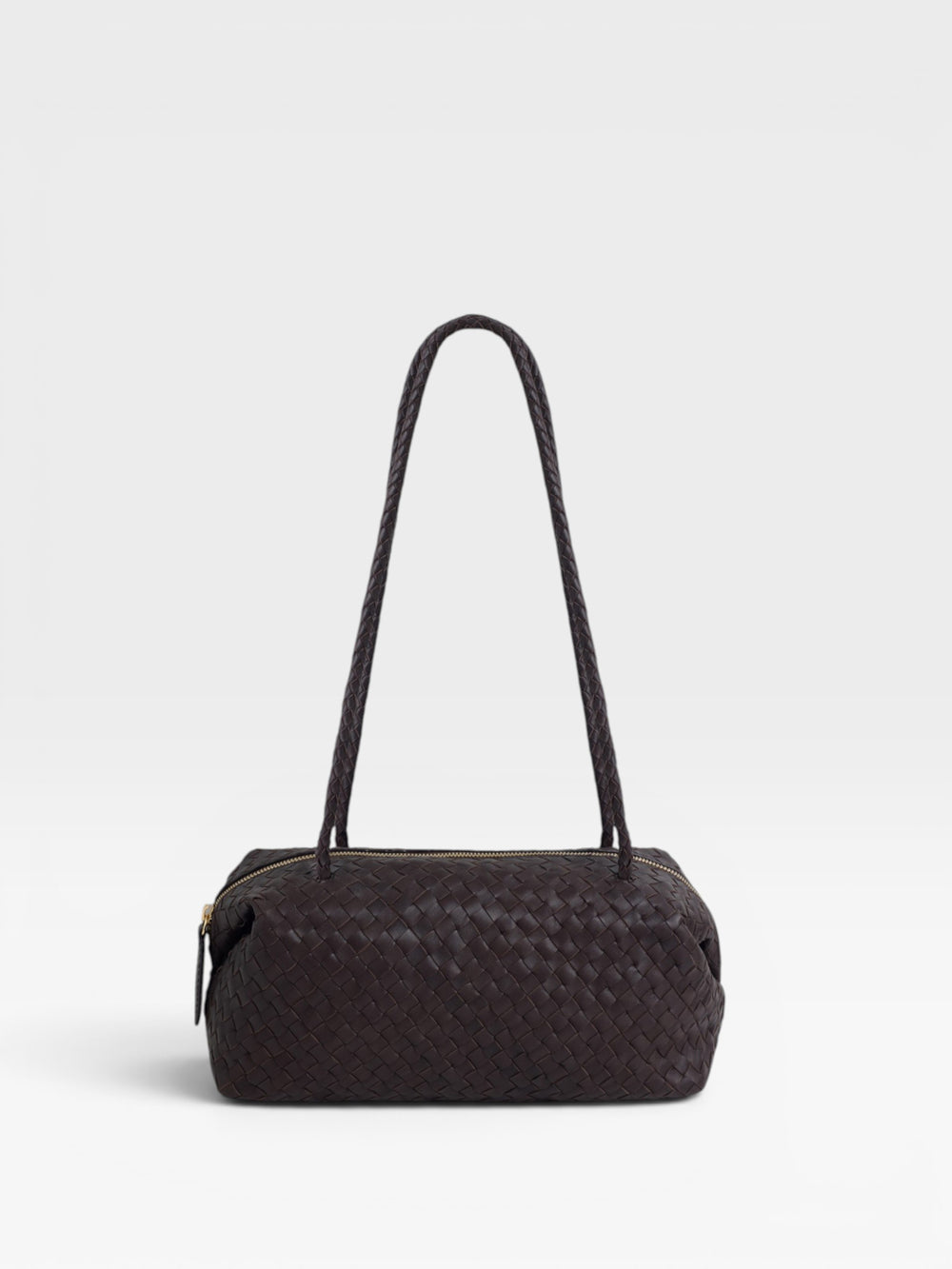 Elongated braided brown leather shoulder bag