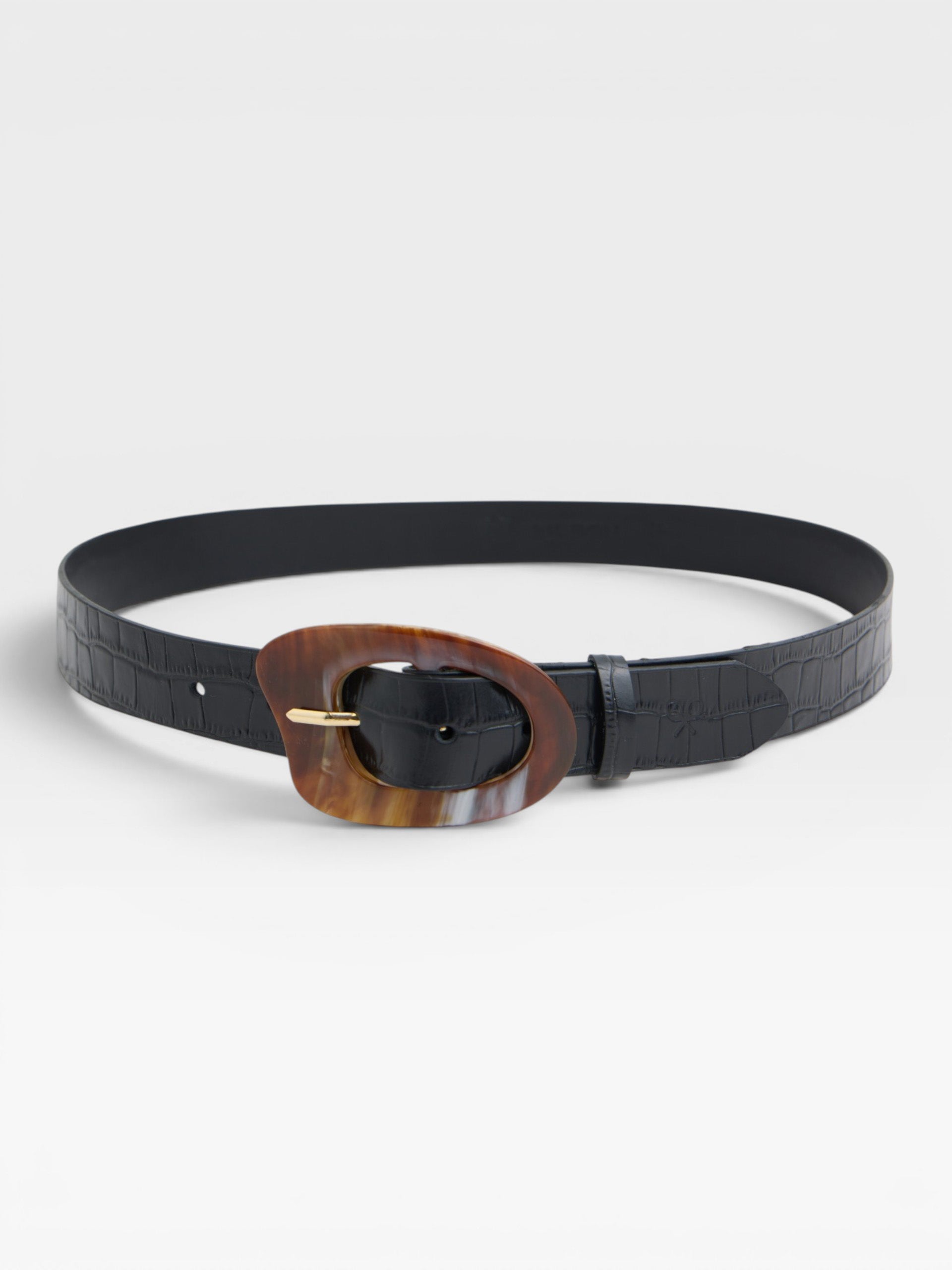 Black coco leather belt with tortoiseshell buckle