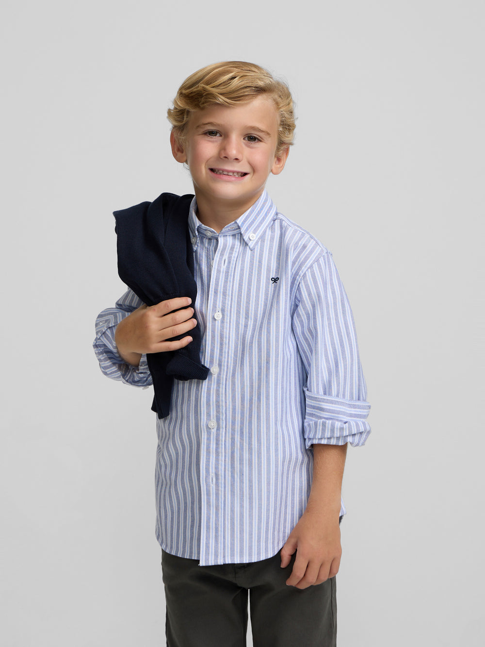 Camisa sport criança oxford risca bicolor azul marinho celeste