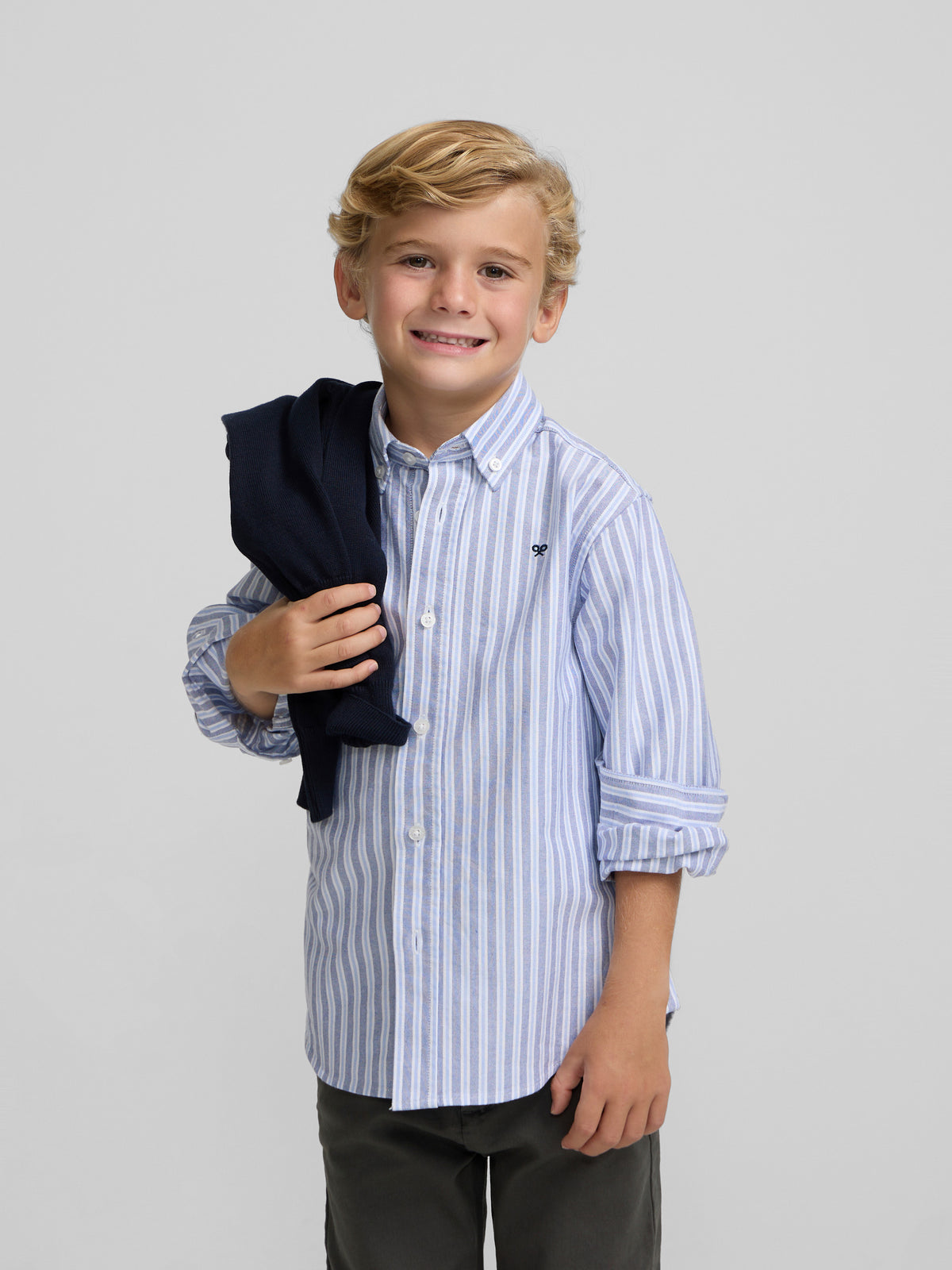 Camisa sport criança oxford risca bicolor azul marinho celeste