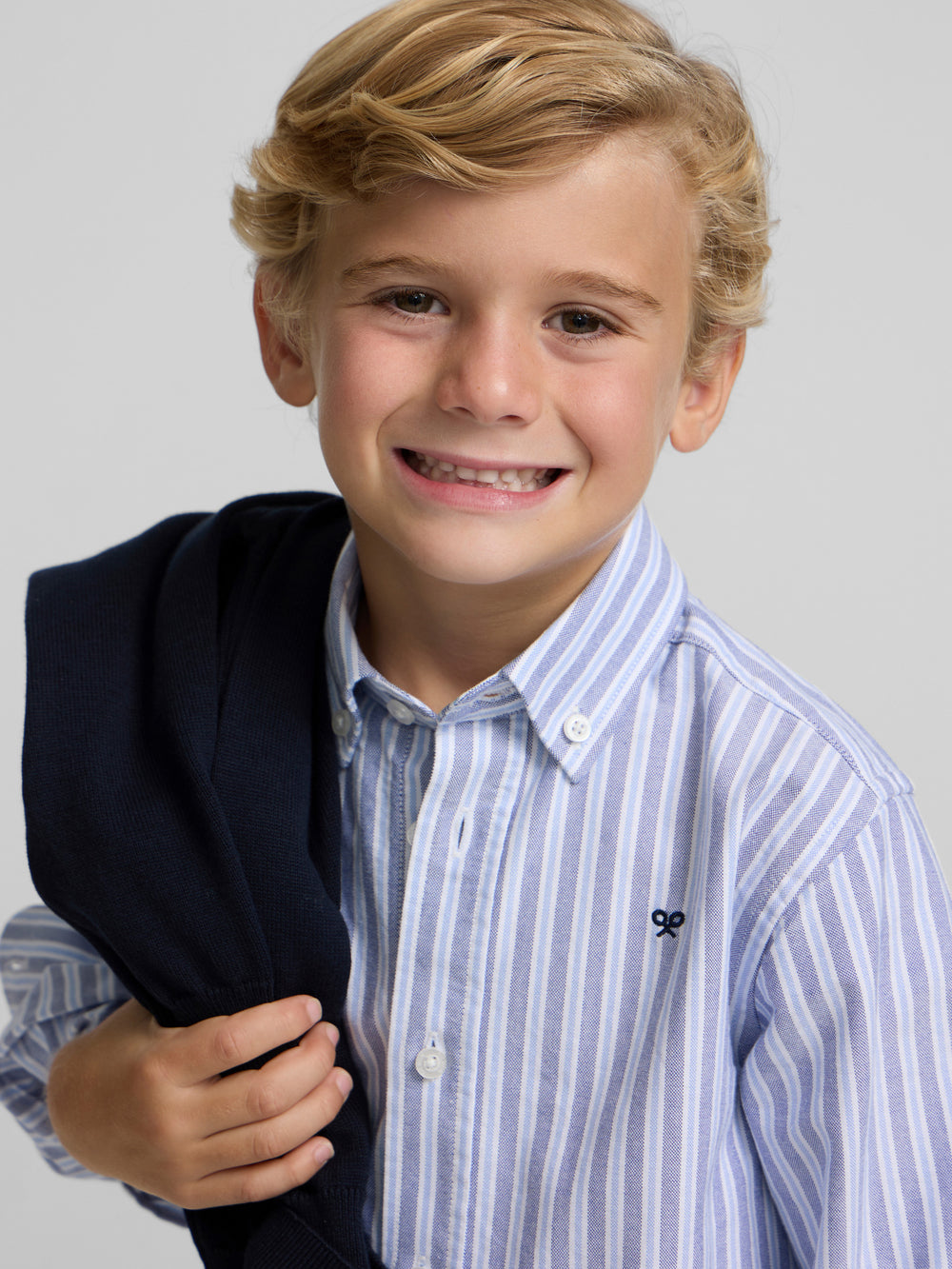 Camisa sport criança oxford risca bicolor azul marinho celeste