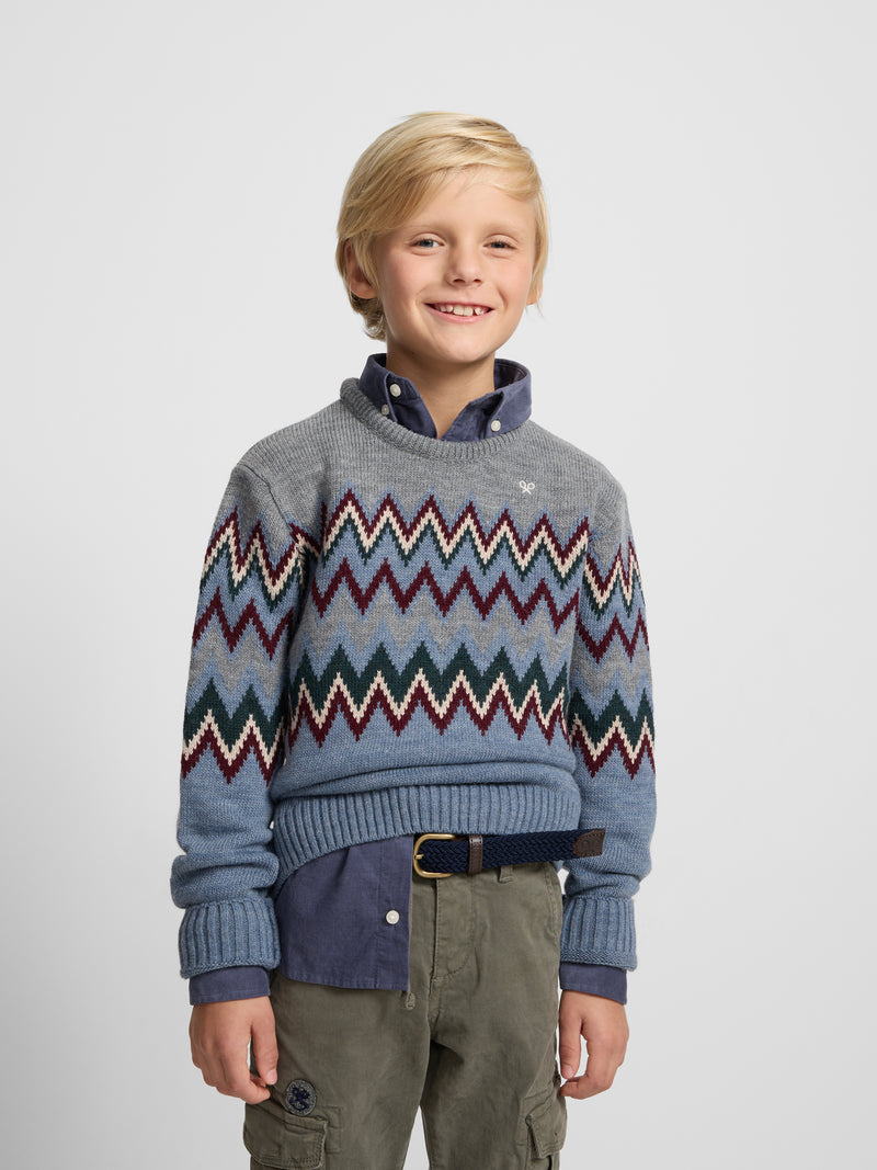 Pull enfant motifs bleu indigo