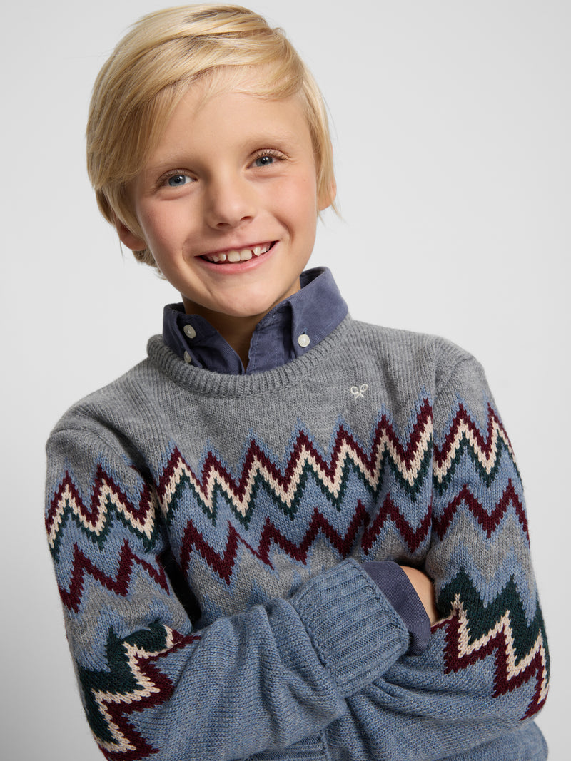 Pull enfant motifs bleu indigo