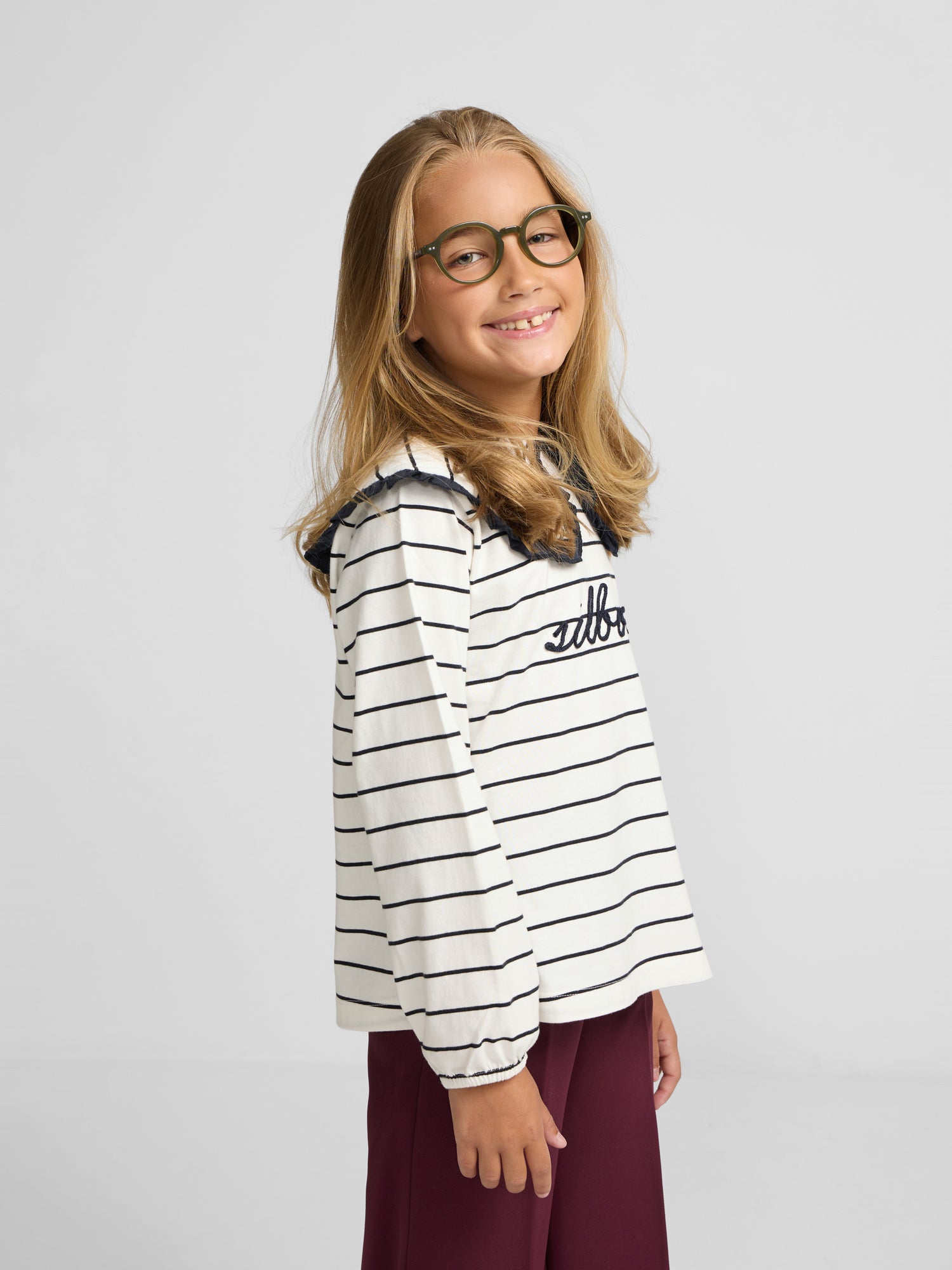 Camisola menina gola bobo riscas azul e branco