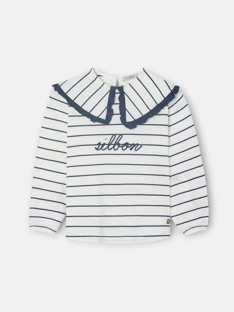 Camisola menina gola bobo riscas azul e branco