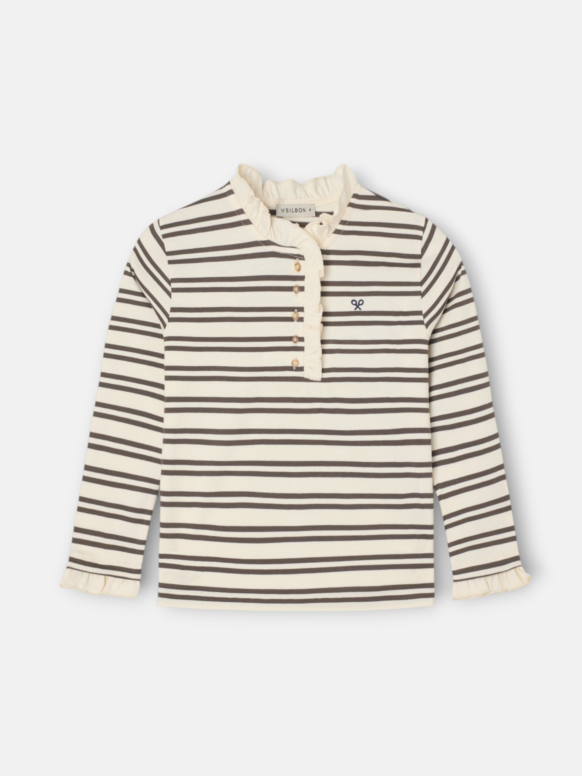 Camiseta girl cuello volante rayas camel y crudo