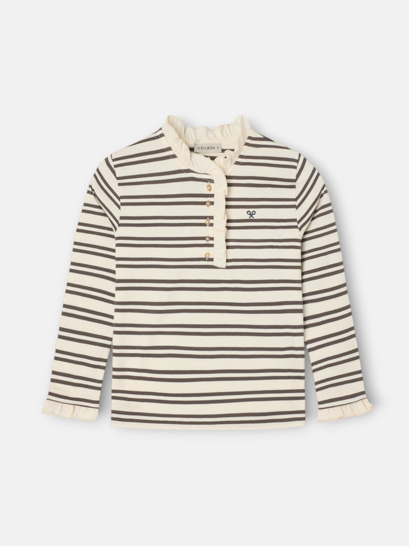 Camiseta girl cuello volante rayas camel y crudo