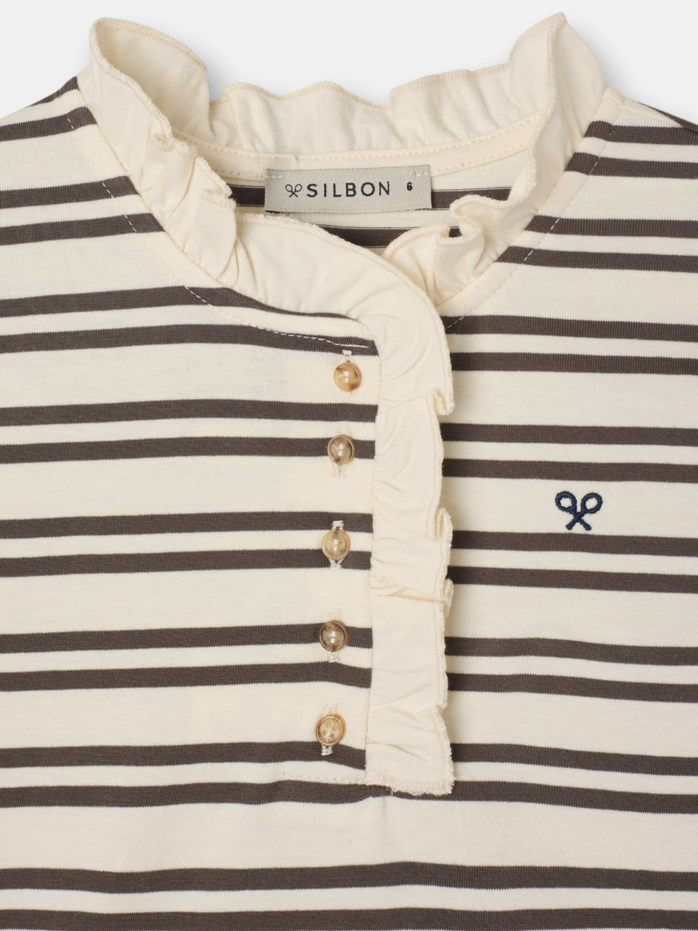Camiseta girl cuello volante rayas camel y crudo