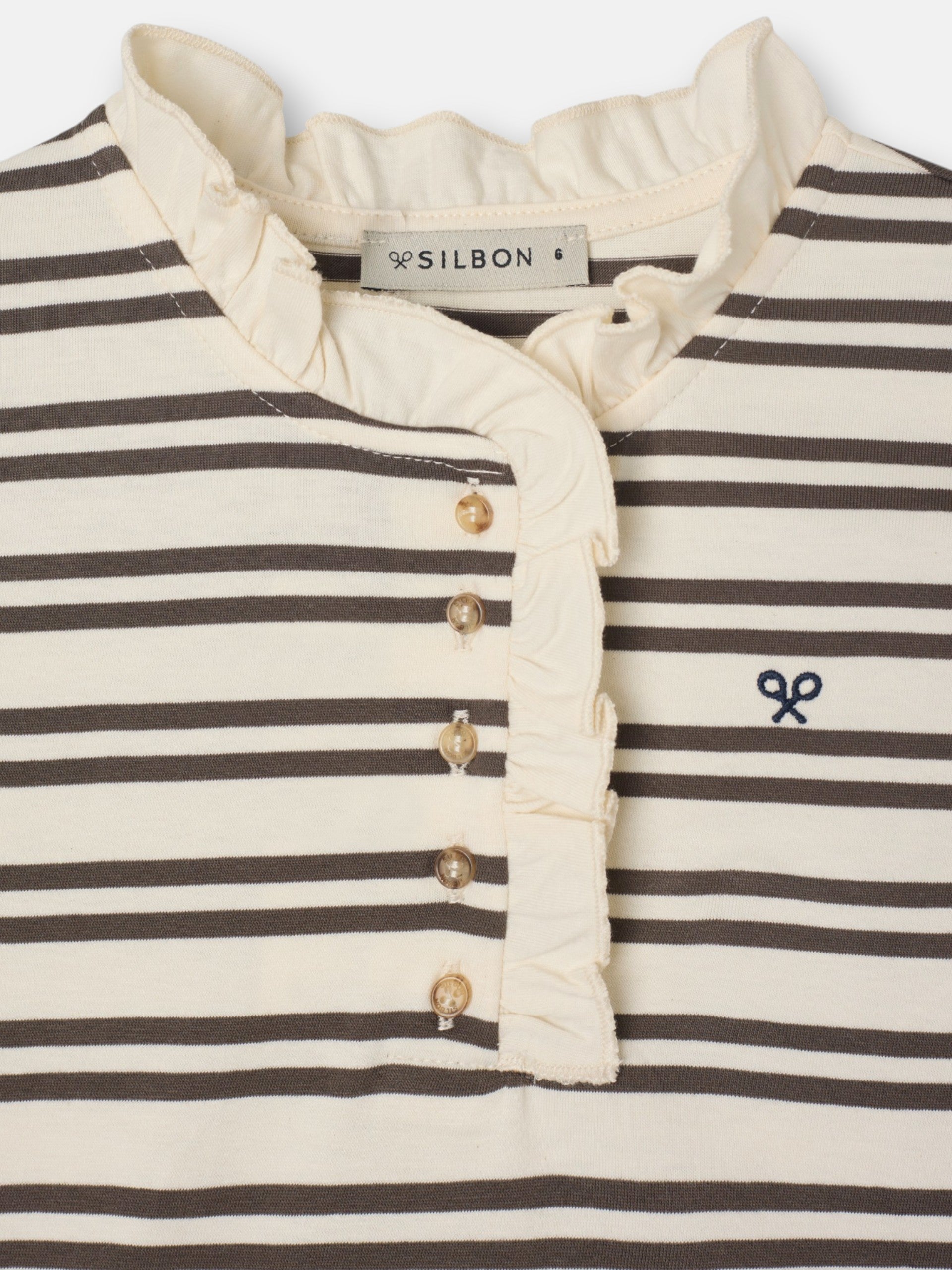 Camiseta girl cuello volante rayas camel y crudo