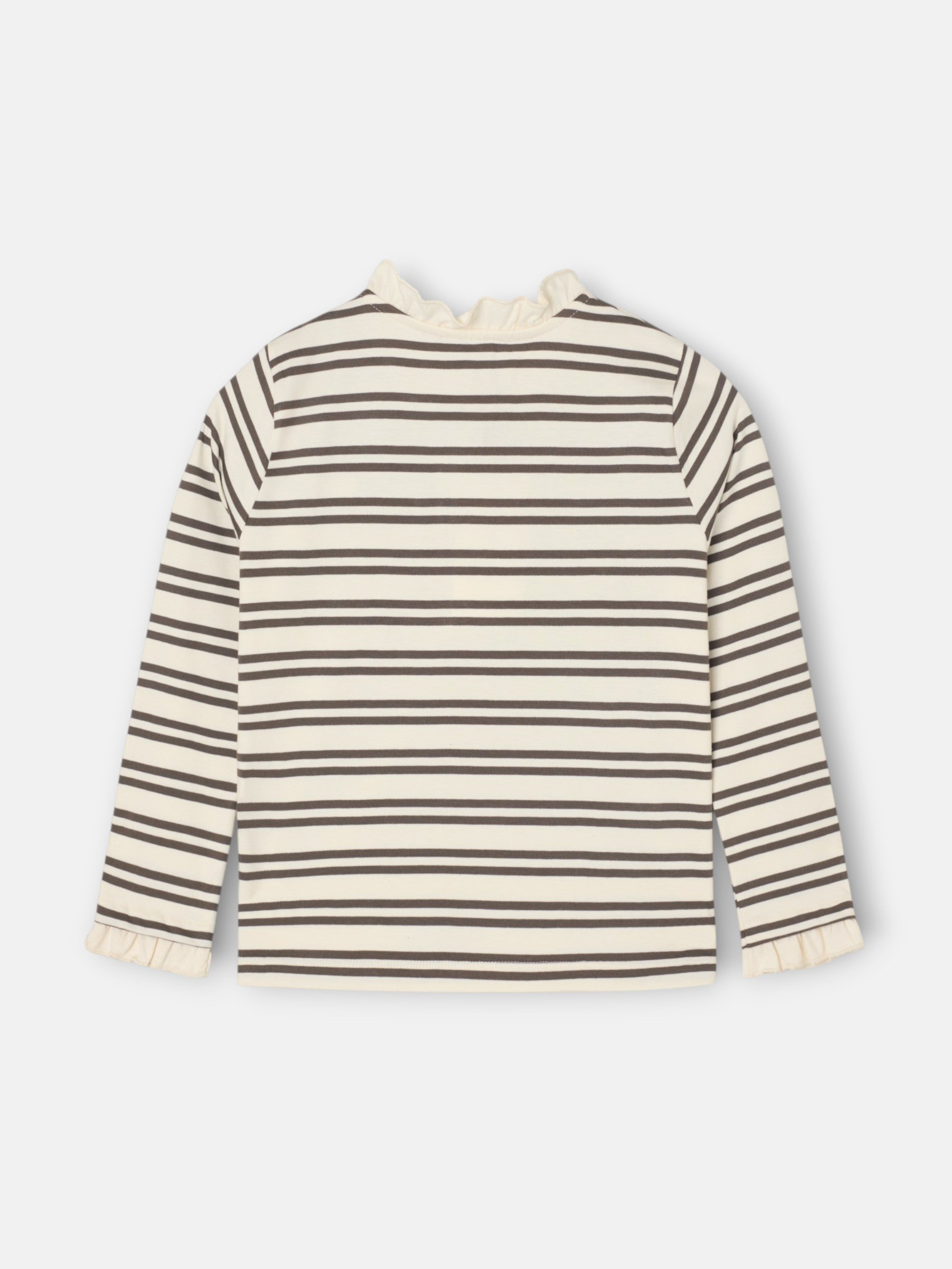 Camiseta girl cuello volante rayas camel y crudo